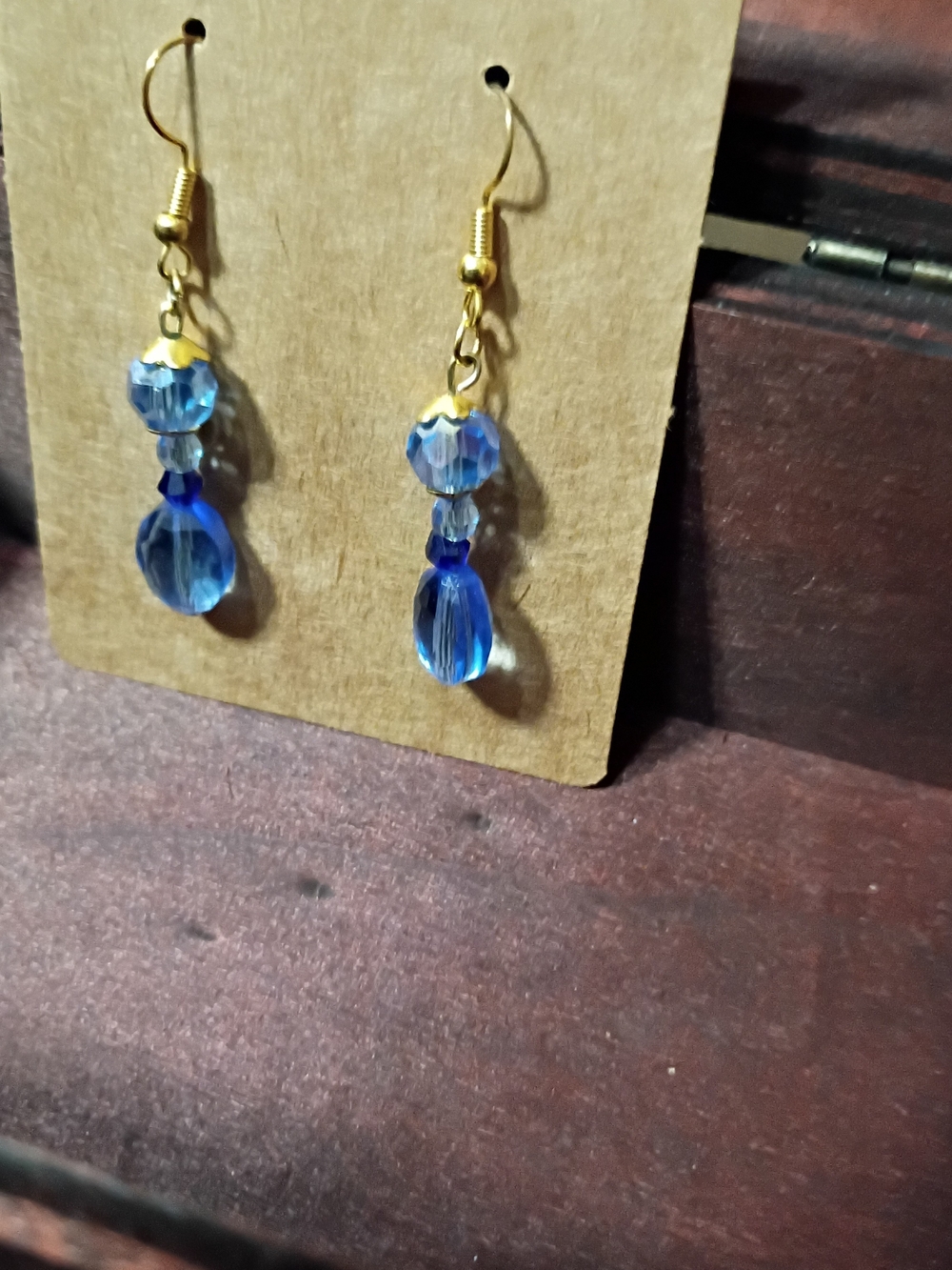 Gold Hook Blue Crystal Drop Earrings Handcrafted